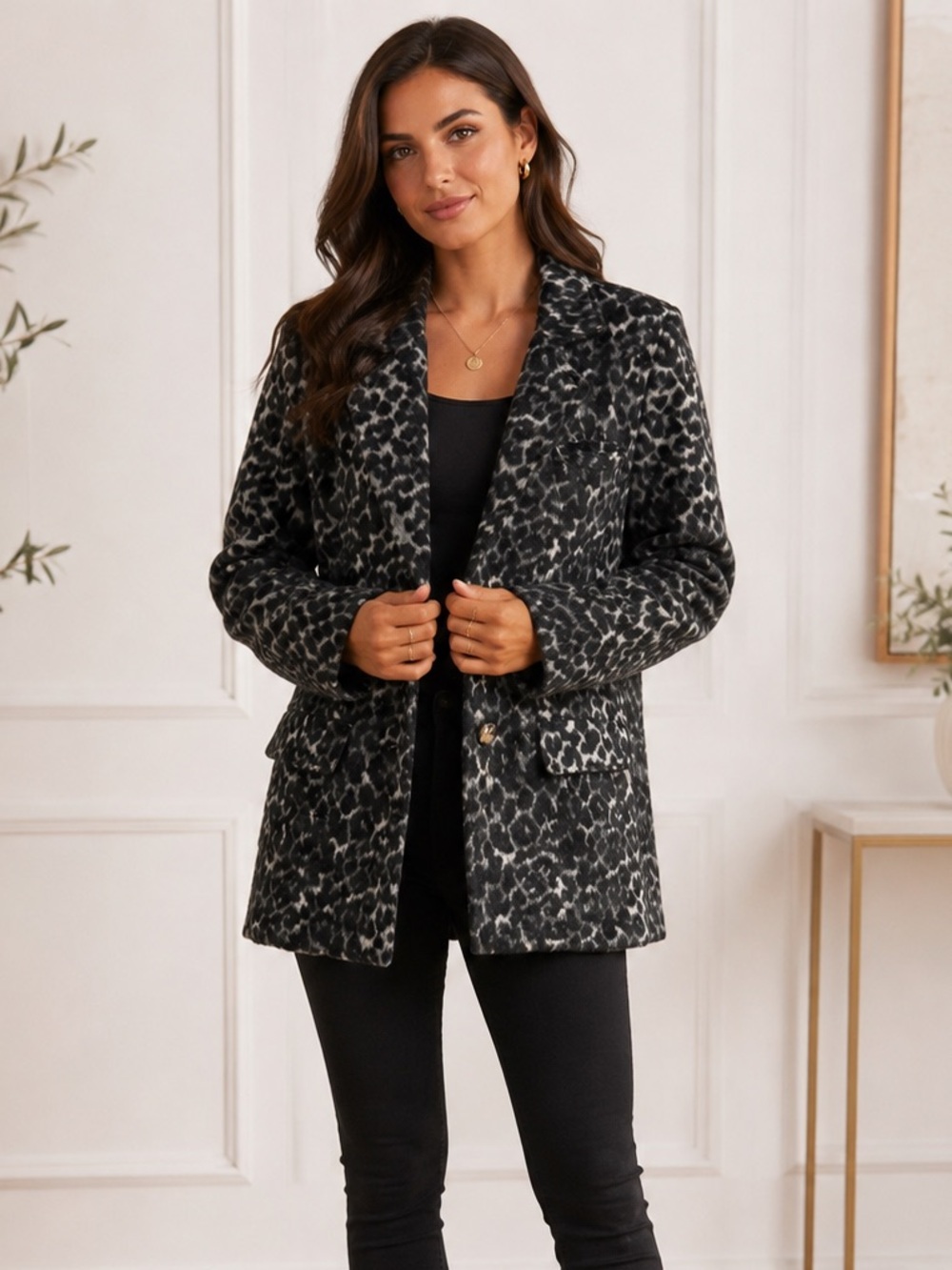 POL Women's Black Leopard Print Longline Blazer Oversized